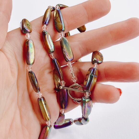 Y2K Iridescent Stick Pearl Necklace AB Resin Beads Long Layering Toggle Clasp - Picture 4 of 11